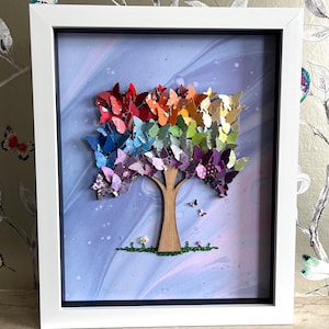 The Rainbow Butterfly Tree, Rainbow Wall Decor, Paper Butterflies Wall Art, Butterfly Theme Decor, Tree Art Gift, Butterfly Art framed gift