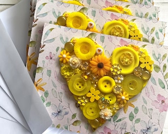 PRINTED Pack of 5 Glossy Heart Thank You Notecards, Floral Heart Art Stationary, 5 Notecards with Envelopes, Yellow Heart Thank You Cards