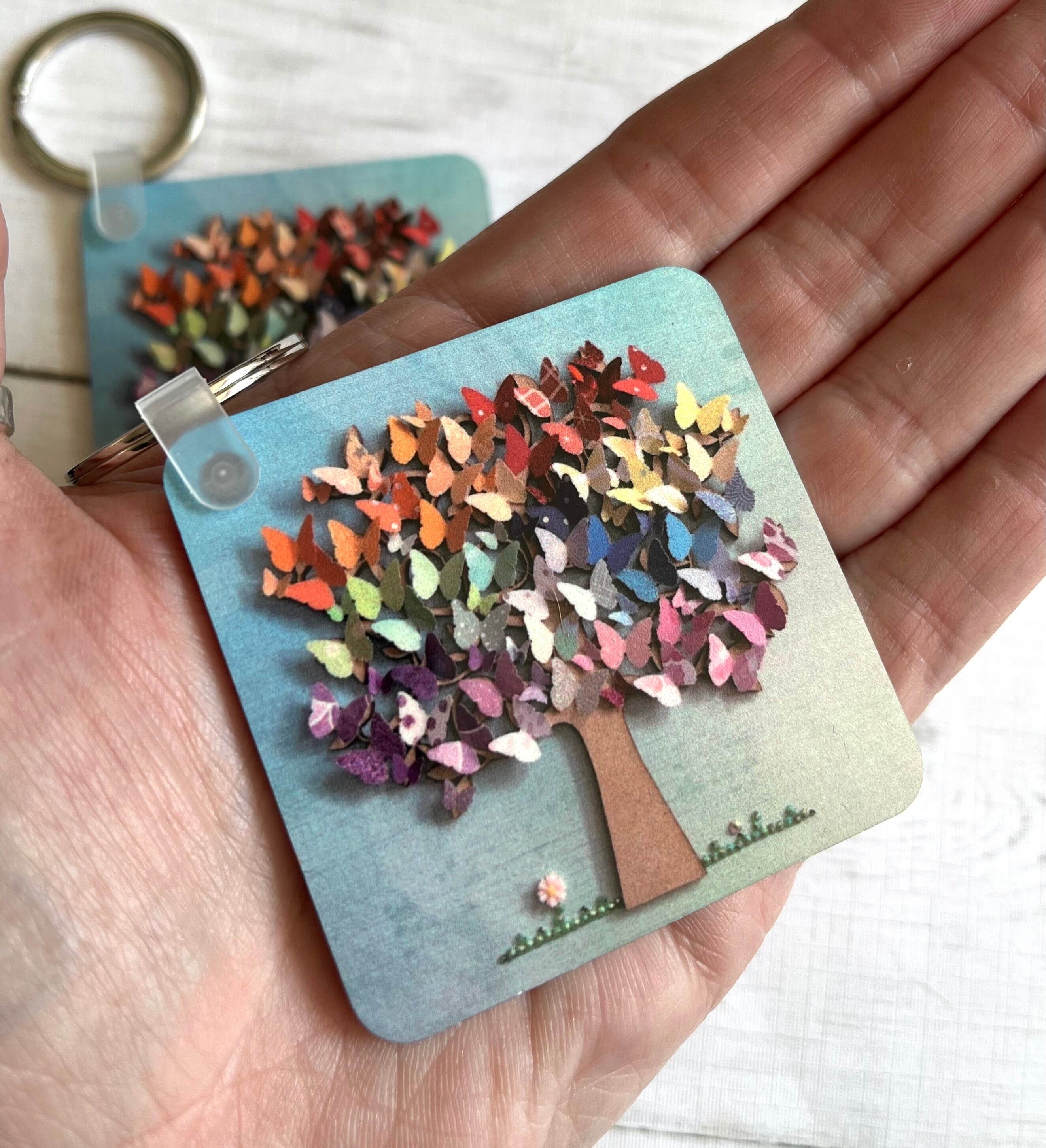 Tree Keyring PRINTED (not 3D) Butterfly Tree Keyring, Square Keyring, Double Sided ...