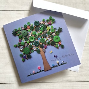 Cartes d'art imprimées arbre d'anniversaire, carte d'anniversaire plate, carte à thème art arbre vert, carte d'anniversaire, cartes imprimées sur papier glacé, carte d'anniversaire d'arbre