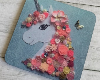 Individual Unicorn Coasters, Unicorn gift, sparkle unicorn, rainbow unicorn, silver unicorn, cute coaster, button art coaster, love unicorns