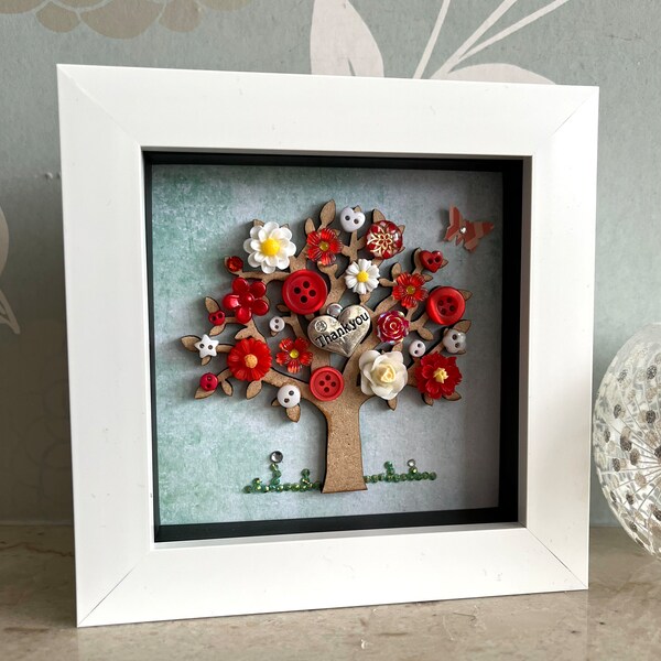 The Mini Thank You Tree, Button Tree Gift, Thank You Framed Art, Red Floral Theme Decor, Tree Wall Art, To say thank you Gift