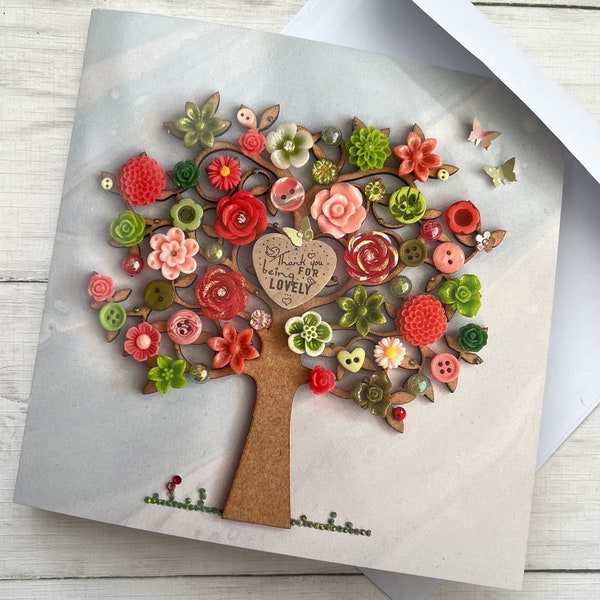 PRINTED (Not 3D) Thank You Tree Art Card, Flat Printed Cards, Thank You for being Lovely Card, Colourful Tree Theme Thank You Print Card,