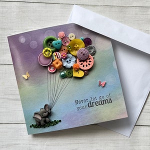 IMPRIMÉ Never Let Go Of Your Dreams Card, Elephant Art Cards, Encouragement Quote Greeting Cards, Elephant and Balloons Glossy Art Card