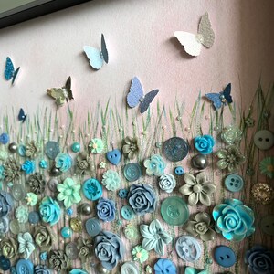 The Grey and Blue Flower Meadow, Button Floral Wall Art, Green and Grey Decor, Button Art Gift, Everlasting Flower Art, Floral Theme Gift, image 3
