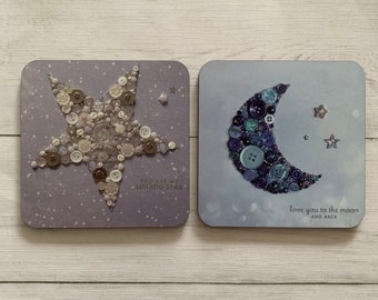 PRINTED (Not 3D) Individual Moon Coaster, Star Quote Coaster, Moon and Back Quote Drinks Mat, Blue Moon Coaster, Star Theme Tableware