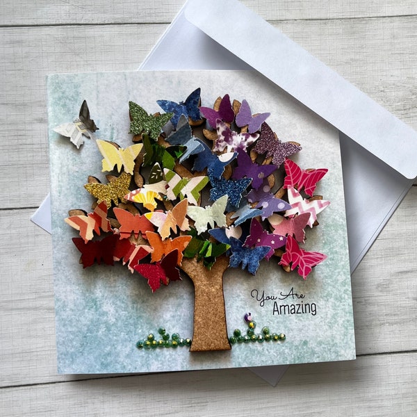 PRINTED (Not 3D) You Are Amazing Card, Butterfly Tree Art Cards, Encouragement Quote Greeting Cards, Glossy Tree Art Card, Rainbow Tree Card