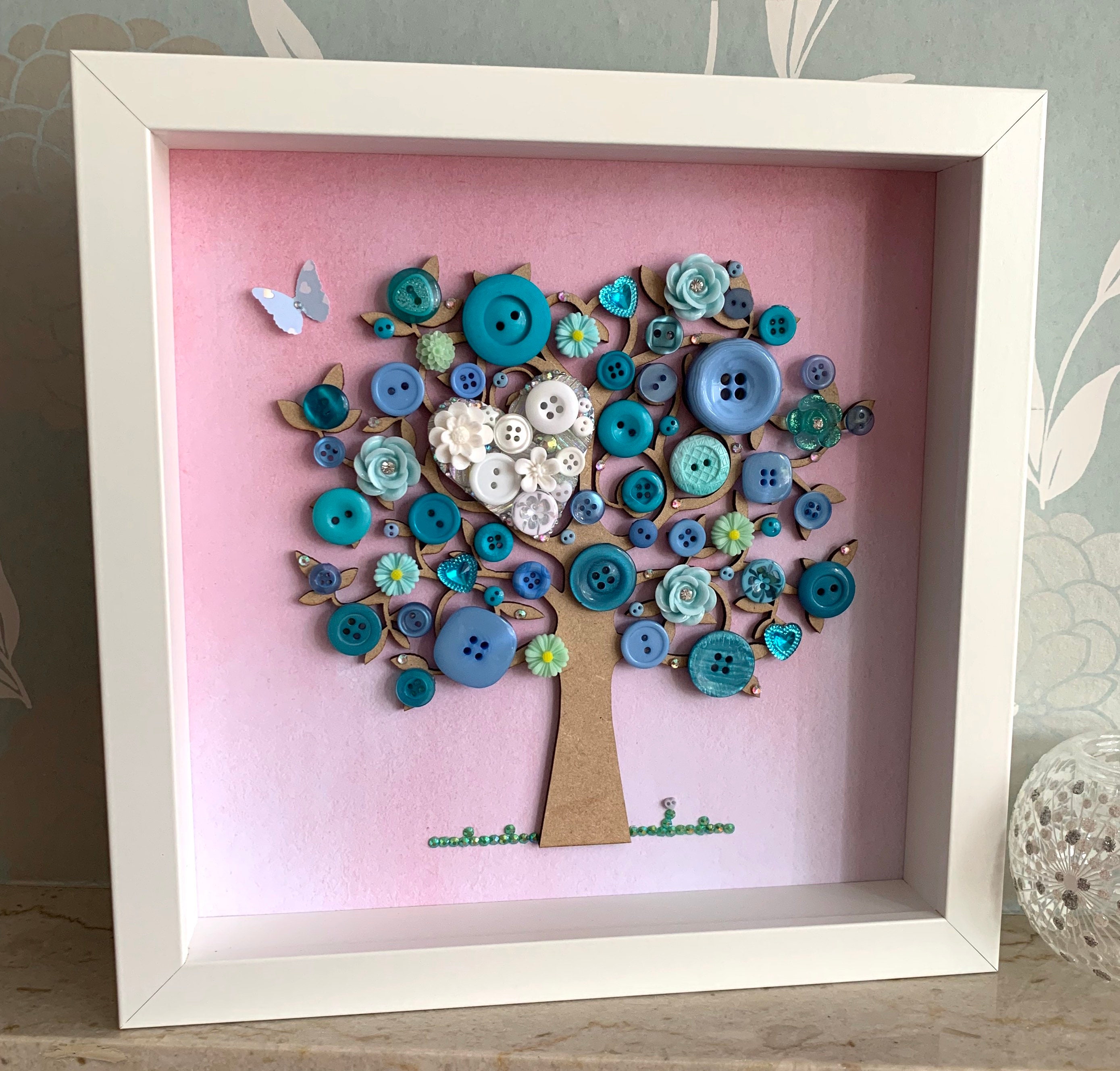 The Love Heart Tree Button Art Teal And White Decor Unique Etsy
