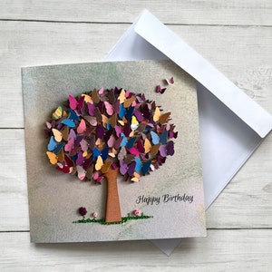 Cartes d'anniversaire imprimées papillon, cartes d'anniversaire plates, carte papillon colorée sur le thème, carte d'anniversaire arbre, cartes imprimées brillantes,