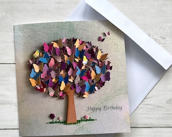 PRINTED Birthday Butterfly Tree Cards, Flat Birthday Cards, Colourful Butterfly Theme Card, Tree Birthday Card, Glossy printed cards,