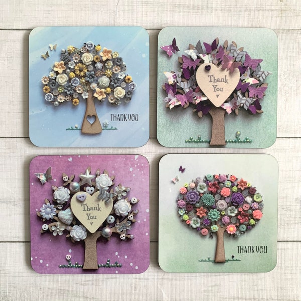 PRINTED Individual Thank You Tree Art Coasters, Tree Drinks Mat, Butterfly Thank You Gift, Heart Thank You Coasters, Tree Theme Tableware