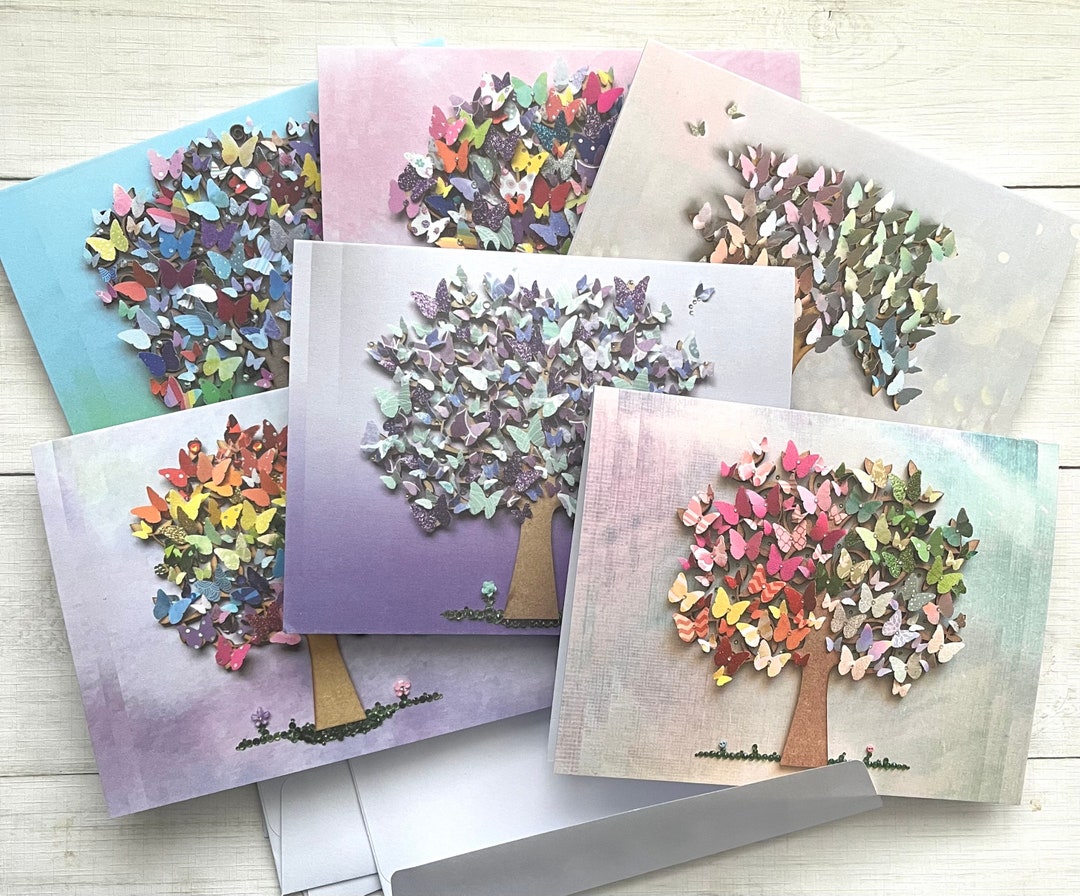 PRINTED (not 3D) Set of 6 Butterfly Tree Notecards, Tree Art Notecards ...