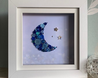 The Blue Moon, Button Art, Blue Moon Theme Decor, Inspirational Decor, Star Theme Wall Art, Moon Nursery Art, Blue Wall Decor