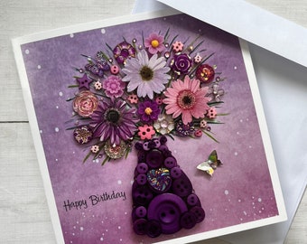 PRINTED Happy Birthday Floral Vase Cards, Flat Birthday Cards, Bouquet Art Card, Flower Birthday Card, Glossy printed cards, Blank card
