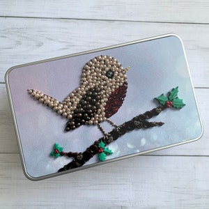 PRINTED Robin Art Storage Tin, Rectangular Metal Tin, Tin Anniversary Gift, Robin Jewellery Tin, Festive Biscuit Tin, Original Art Print Tin