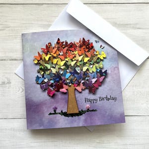 PRINTED (NOT 3D) Tree Art Birthday Card, Butterfly Birthday Card, Nature Theme Birthday Card, Rainbow Tree Birthday Card, Original Art Print