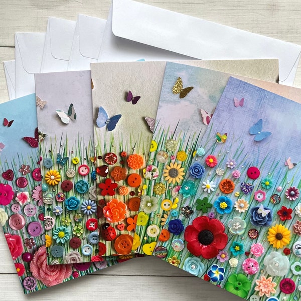 PRINTED Set of 5 Flower Meadow Cards, 14x14cm Floral Art Card Set, Original Art Prints, Blank Cards and Envelopes Set, Nature Theme Cards