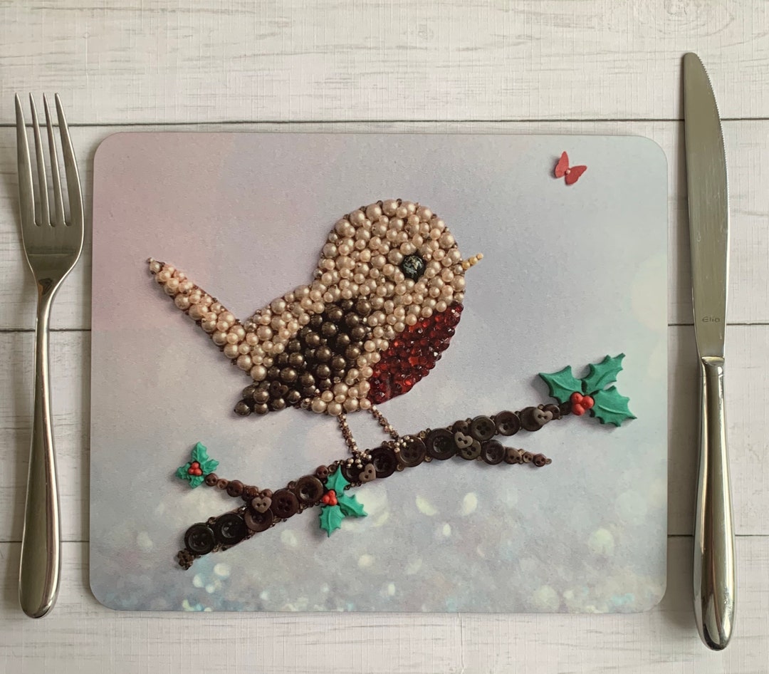 PRINTED Pair of Robin Placemats, Pair of Bird Placemats, Festive Robin