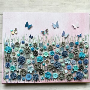 The Grey and Blue Flower Meadow, Button Floral Wall Art, Green and Grey Decor, Button Art Gift, Everlasting Flower Art, Floral Theme Gift, image 9