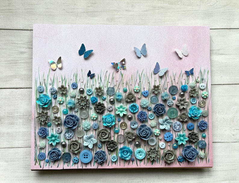 The Grey and Blue Flower Meadow, Button Floral Wall Art, Green and Grey Decor, Button Art Gift, Everlasting Flower Art, Floral Theme Gift, image 9