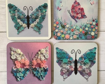 PRINTED Individual Butterfly Coasters, Art Print Dragonfly Coasters, Colourful coasters, Butterfly theme gift, Silver butterfly Drinks Mat