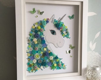 The Flower Unicorn, Button Art, Blue and Green Theme decor, Unicorn Theme Gift, Button Unicorn wall Art, Floral Wall Art