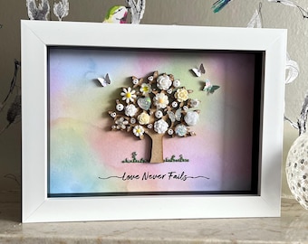 The ‘Love Never Fails’ Tree, Button Tree Gift, Button Art Decor, Pastel Rainbow Theme Decor, Quote Tree Wall Art, Floral Frame Tree Gift
