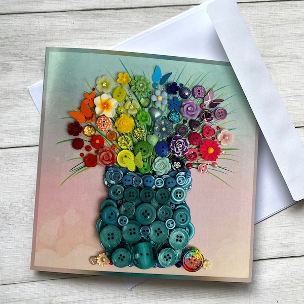 PRINTED Rainbow Flower Vase Card, (Not 3D) Rainbow Floral Card, Original Art Print Card, Rainbow Theme Greetings Card, All Occasion Card