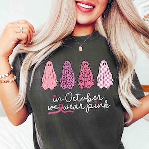 Breast Cancer Support Squad Comfort Colors Shirt, In October We Wear Pink Ghosts, Breast Cancer Awareness Gift For Survivor Friends & Family