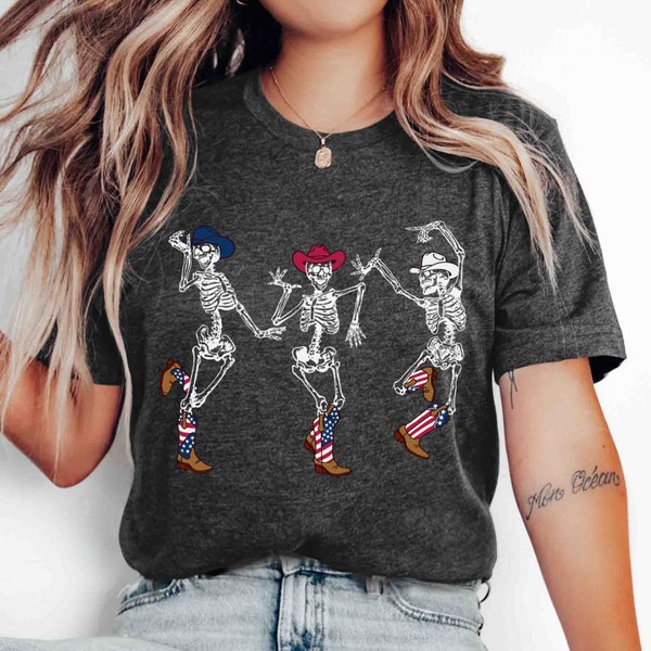 Dancing Skeletons Western Cowboy T-Shirt, Independence Day, July 4th BBQ Fireworks Party, American Flags Graphic Tee, Halloween Outfit