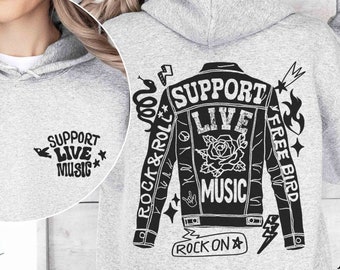 Support Live Music Sweatshirt | Rock & Roll Denim Jacket Print