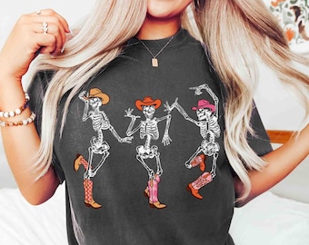 Dancing Skeletons Western Cowboy Comfort Colors Shirt, Spooky Season, Fun Bold Palette Fall Graphic Tee, Halloween Party Dance Lover Outfit