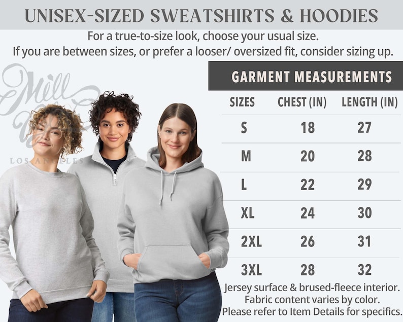 May include: A size chart for unisex sweatshirts and hoodies featuring a table with chest and length measurements in inches for sizes S through 3XL. The text includes sizing advice and notes on the jersey surface and brushed-fleece interior fabric.