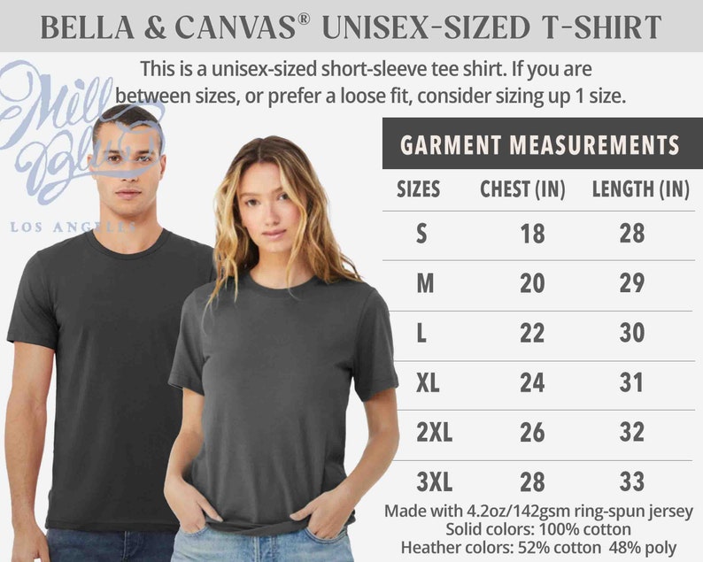 K&ouml;nnte beinhalten: Ein Unisex-T-Shirt in dunkelgrau meliert. Das Shirt besteht aus 4,2 oz/142 g/m&sup2; Ringspinn-Jersey. Die Gr&ouml;&szlig;entabelle zeigt Brust- und L&auml;ngenma&szlig;e in Zoll. Der Text auf dem Bild lautet "Bella & Canvas&reg; Unisex-Sized T-Shirt".