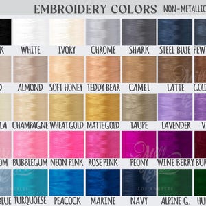 May include: A colour chart showing embroidery thread colours. The chart includes a variety of shades, such as black, white, ivory, and chrome. Other colours include sand, almond, soft honey, and teddy bear. The chart also shows shades of pink, blue, and green.