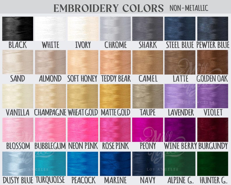 May include: A colour chart showing embroidery thread colours. The chart includes a variety of shades, such as black, white, ivory, and chrome. Other colours include sand, almond, soft honey, and teddy bear. The chart also shows shades of pink, blue, and green.