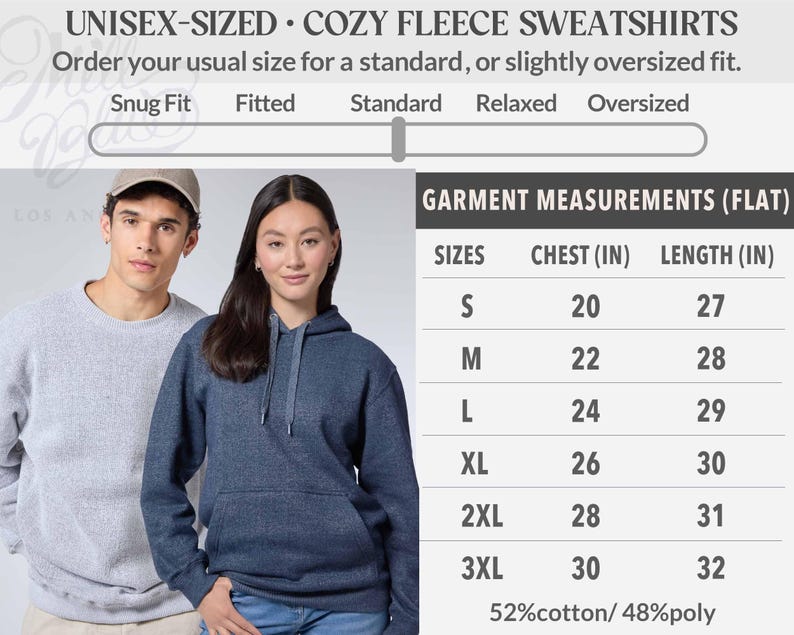 May include: A size chart for unisex fleece sweatshirts featuring a fit scale from snug to oversized. A table lists flat garment measurements in inches for sizes S through 3XL, including chest and length, with a 52% cotton and 48% polyester fabric blend.