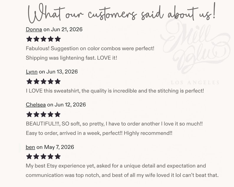 May include: A customer review graphic titled What our customers said about us! featuring four five-star reviews from Donna, Lynn, Chelsea, and ben dated in 2026, with the Mill Blu Los Angeles logo in the upper right corner on a white background.
