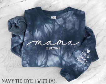 Custom Embroidered Mama Tie-Dye Sweatshirt | Butter-Soft Fleece | Kids Names on Sleeve