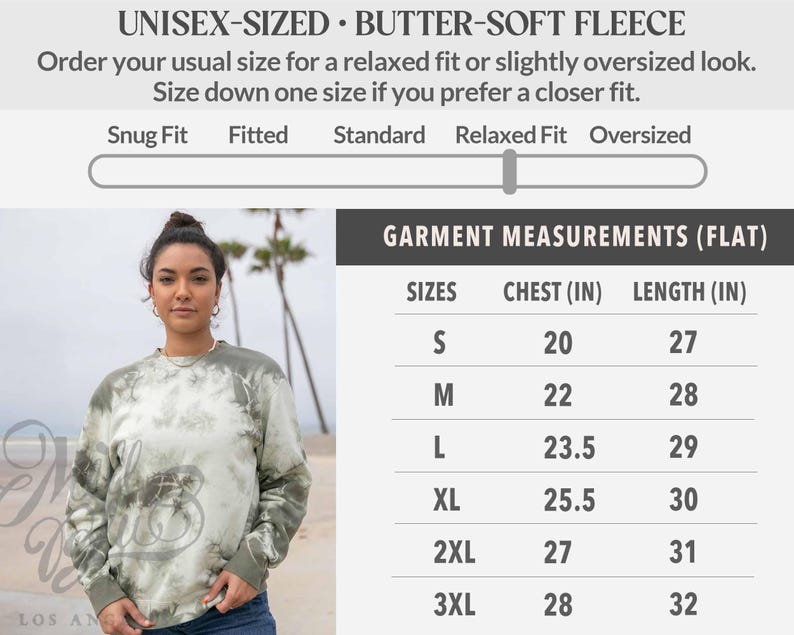 May include: A woman models a unisex tie-dye fleece sweatshirt in olive green and white. The image includes a size chart with chest and length measurements in inches. The text reads: Unisex-Sized Butter-Soft Fleece. Measurements are provided in inches.