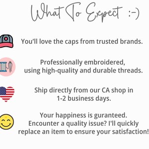 May include: White background with the text "What To Expect :-)". The text describes caps from trusted brands, professionally embroidered with high-quality threads. It also mentions a satisfaction guarantee.