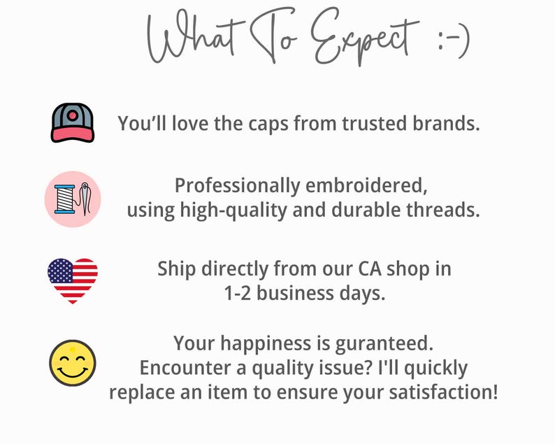 May include: White background with the text "What To Expect :-)". The text describes caps from trusted brands, professionally embroidered with high-quality threads. It also mentions a satisfaction guarantee.