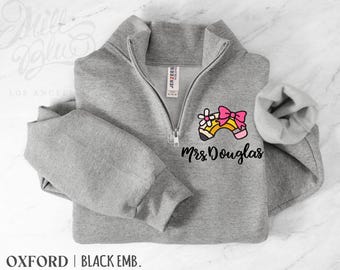 Teacher Name Embroidery Sweatshirt | Rainbow Pencil & Coquette Bow | Teacher Appreciation Gift