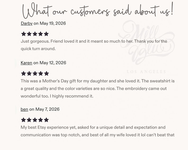 May include: A customer review graphic featuring the heading What our customers said about us! followed by three five-star reviews from Darby, Karen, and ben dated May 2026. The text includes feedback about a sweatshirt, embroidery, and service.