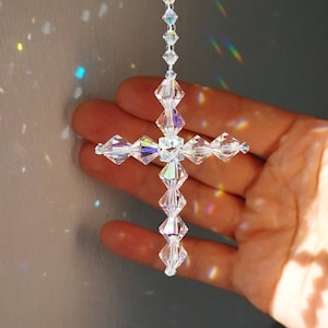 Light Pink Austrian Crystal Cross Rear View Car Charm Cross Suncatcher for Car or Home Car Charm Suncatcher Christmas Ornament Cross