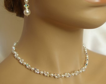 Pearl Crystal Choker Necklace Bridal Pearl Crystal AB Necklace Wedding Jewelry AB Crystal Necklace Bridal Crystal choker