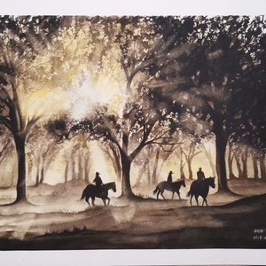Acquerello pittura originale, Cavallo nella foresta, Cavallo all'alba, Tramonto acquerello, Pittura cavallo originale,Pittura cavallo acquerello, Regalo