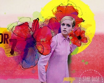 Twiggy inspired,Digital Art collage " Beginning of blossoming ",Ready to hang art, Giclee,print on canvas,Collage art on canvas, art collage