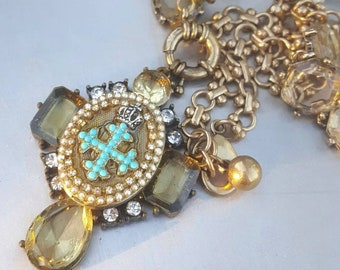 Statement locket necklace, unique chunky crystal necklace, original design assemblage necklace, large cross necklace, vintage style jewelry