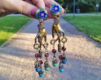 Frida hands earrings, colorful statement jewelry, whimsical bohemian earrings, unique chandelier earrings, long whimsical, Picasso hands